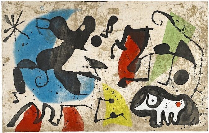 Obra *Os cachorros V* (1979), de Joan Miró, com formas abstratas em preto e manchas de azul, vermelho, verde e amarelo sobre fundo claro.