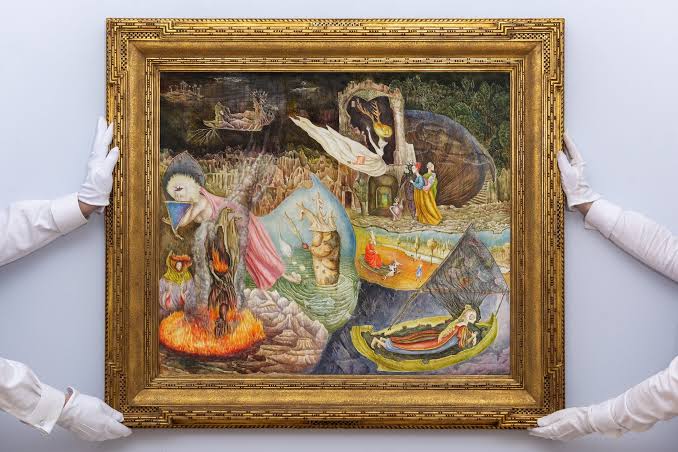Mulheres no mercado de arte ganham destaque com obras como Les Distractions de Dagobert (1945), de Leonora Carrington, apresentada por mãos enluvadas.