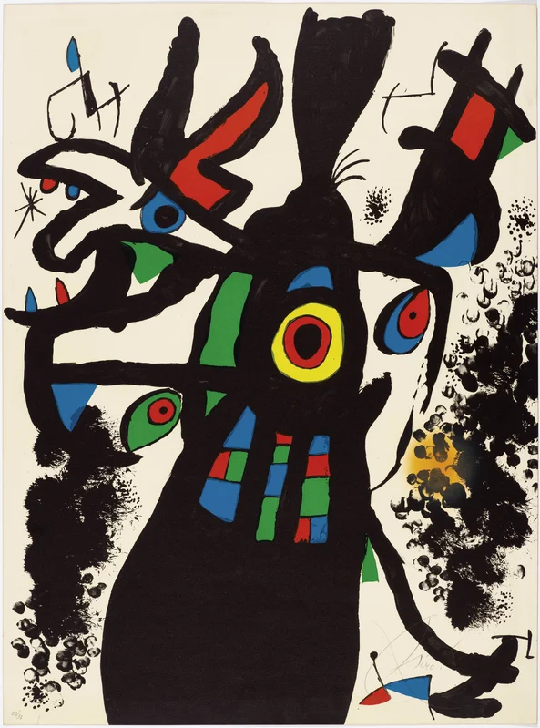 Obra *Mont-roig III* (1974), de Joan Miró, com grande forma preta central e elementos abstratos em vermelho, azul, verde e amarelo sobre fundo claro.